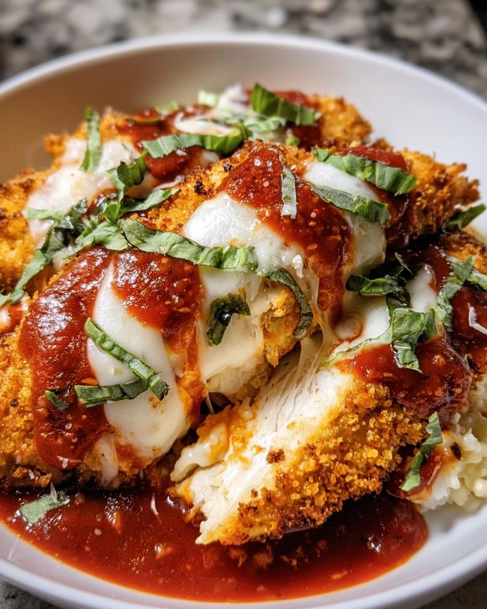 Close-up of High Protein Chicken Parm bowl with crispy chicken, melted mozzarella, tomato sauce, and basil.