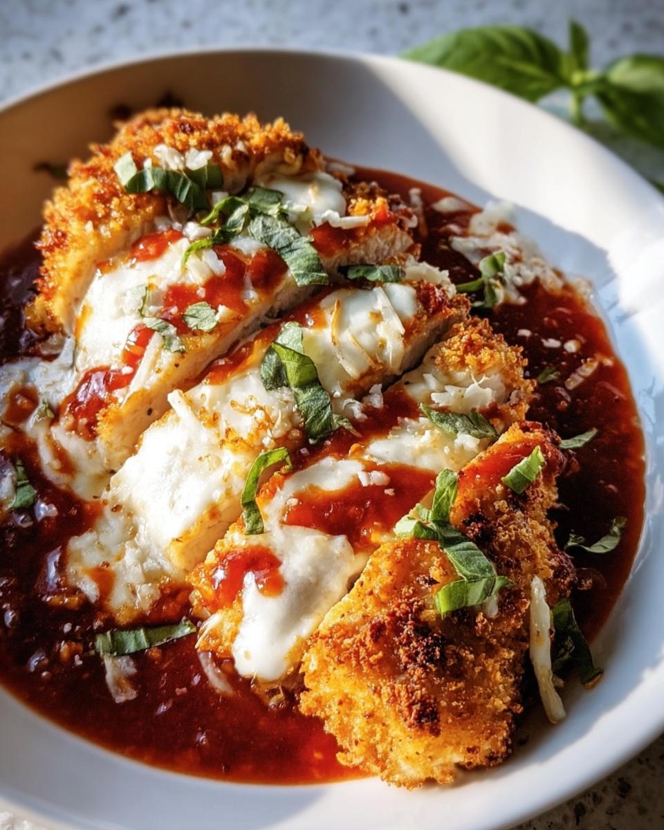 Slices of high protein chicken parm topped with melted cheese, sauce, and basil on a white plate.