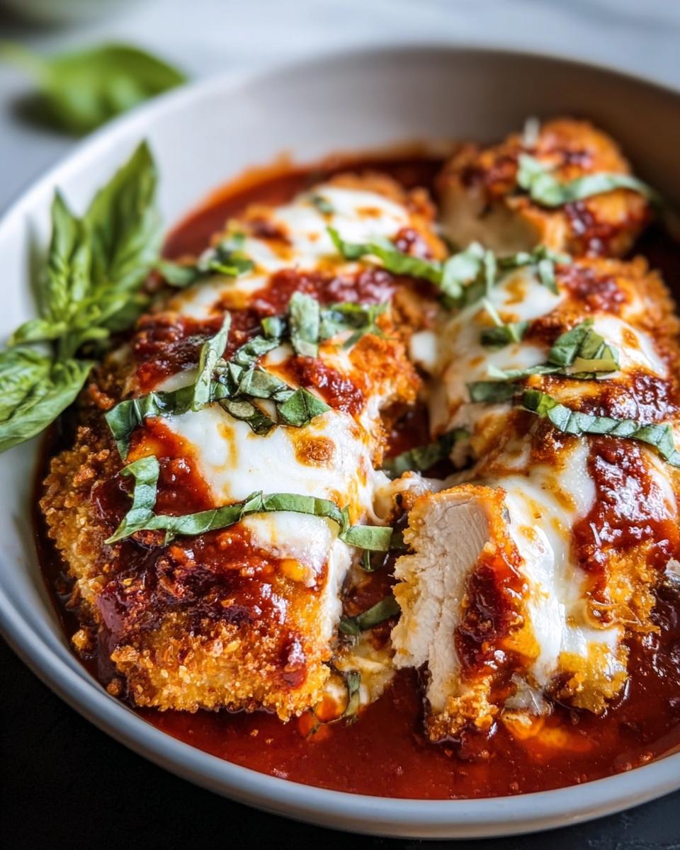 Close-up of High Protein Chicken Parm in a bowl, topped with melted cheese, tomato sauce, and fresh basil.
