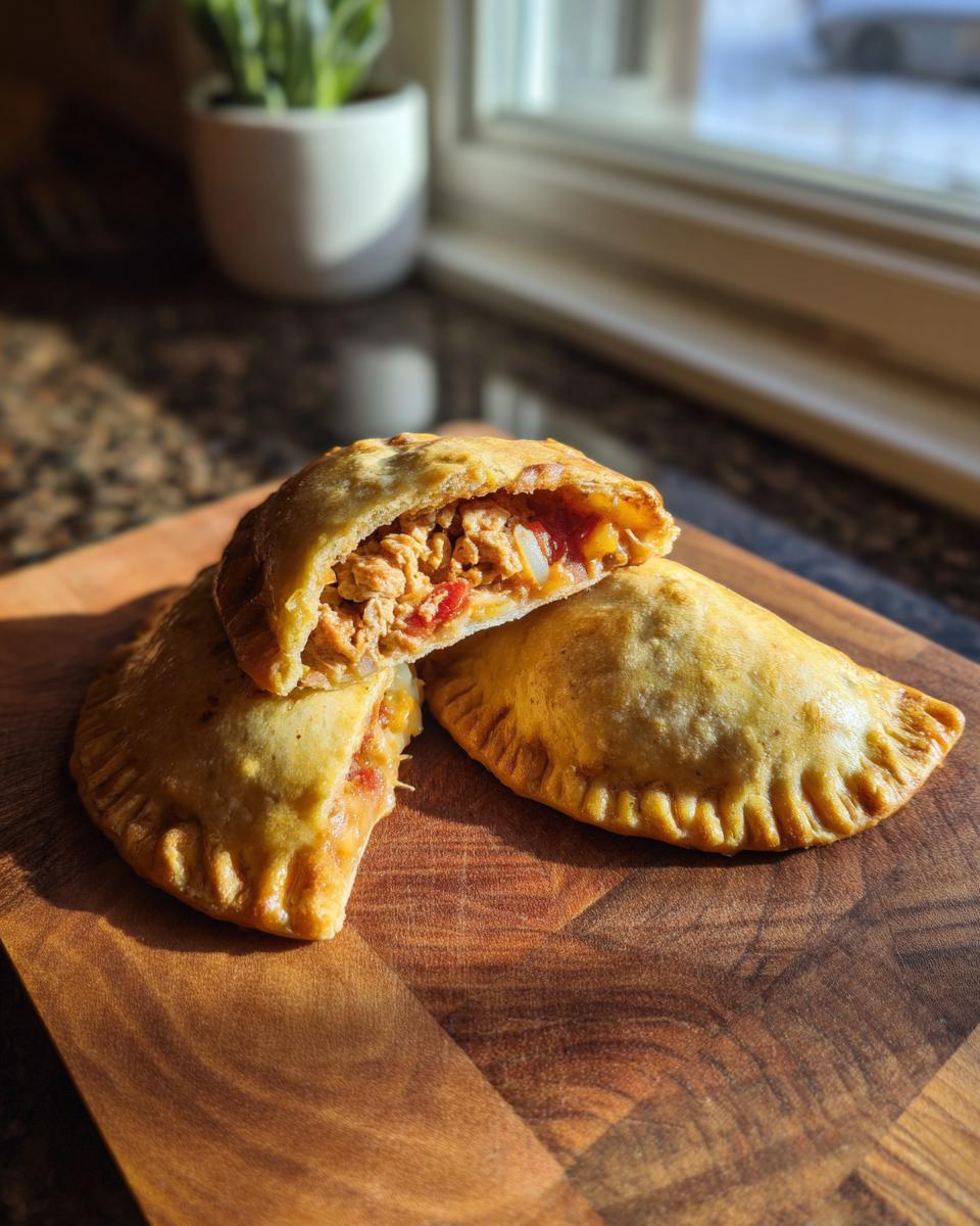 Two High Protein Pizza Pockets, one cut open, on a wooden cutting board. Filling visible.