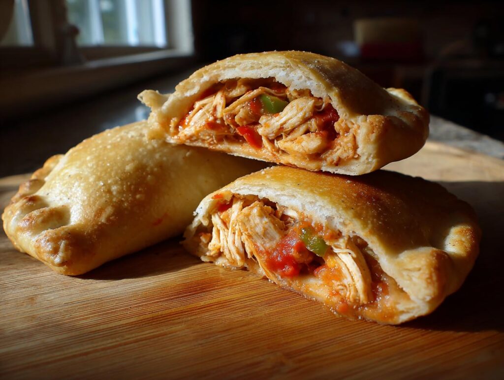 Three High Protein Pizza Pockets, one cut open to show the chicken and vegetable filling.