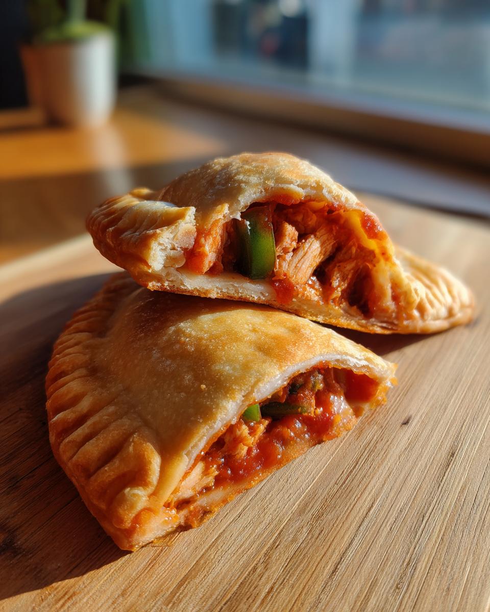 Two high protein pizza pockets, one cut open to show the filling of chicken, sauce, and green peppers.