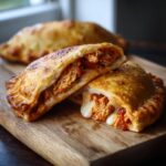 A cut-open high protein pizza pocket reveals a filling of chicken, cheese, and sauce on a wooden board.
