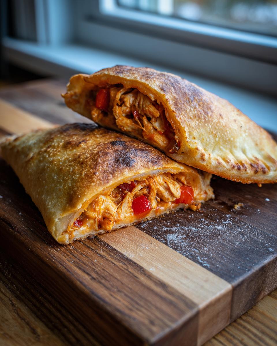 Two halves of a High Protein Pizza Pockets showing filling of chicken and red peppers on a wooden board.