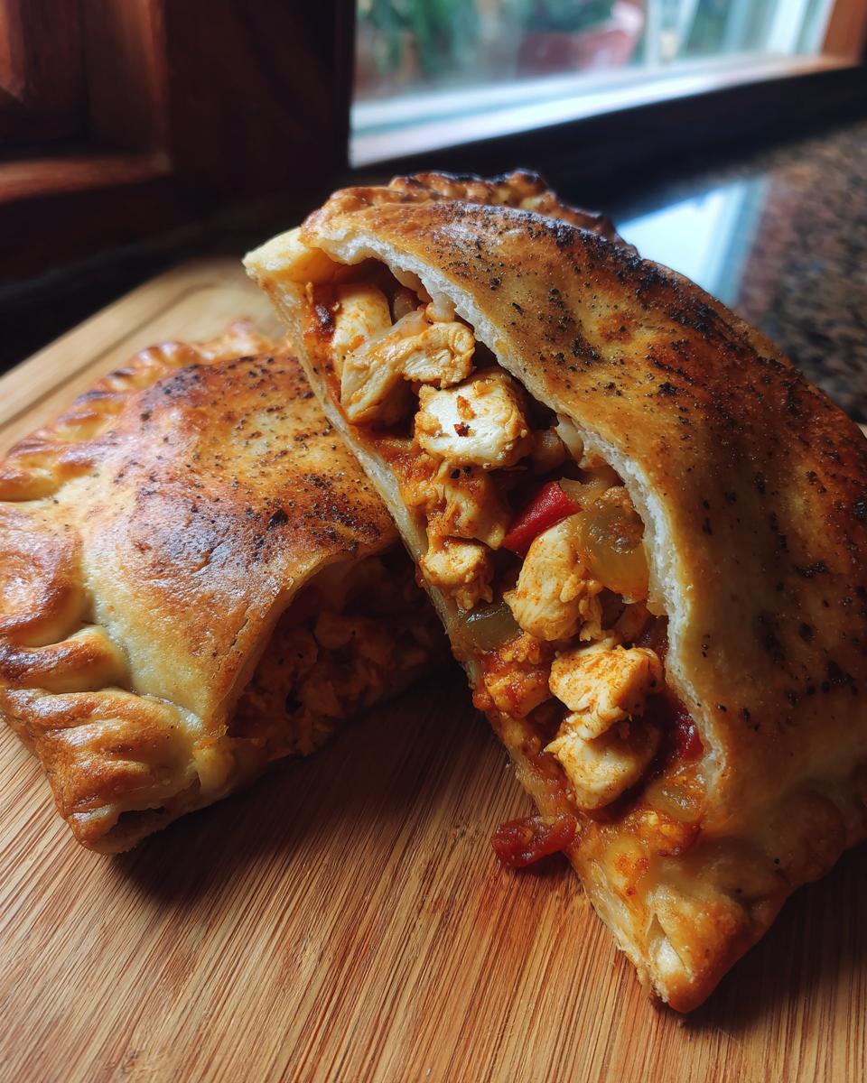 A sliced High Protein Pizza Pocket reveals a filling of chicken, vegetables, and sauce.