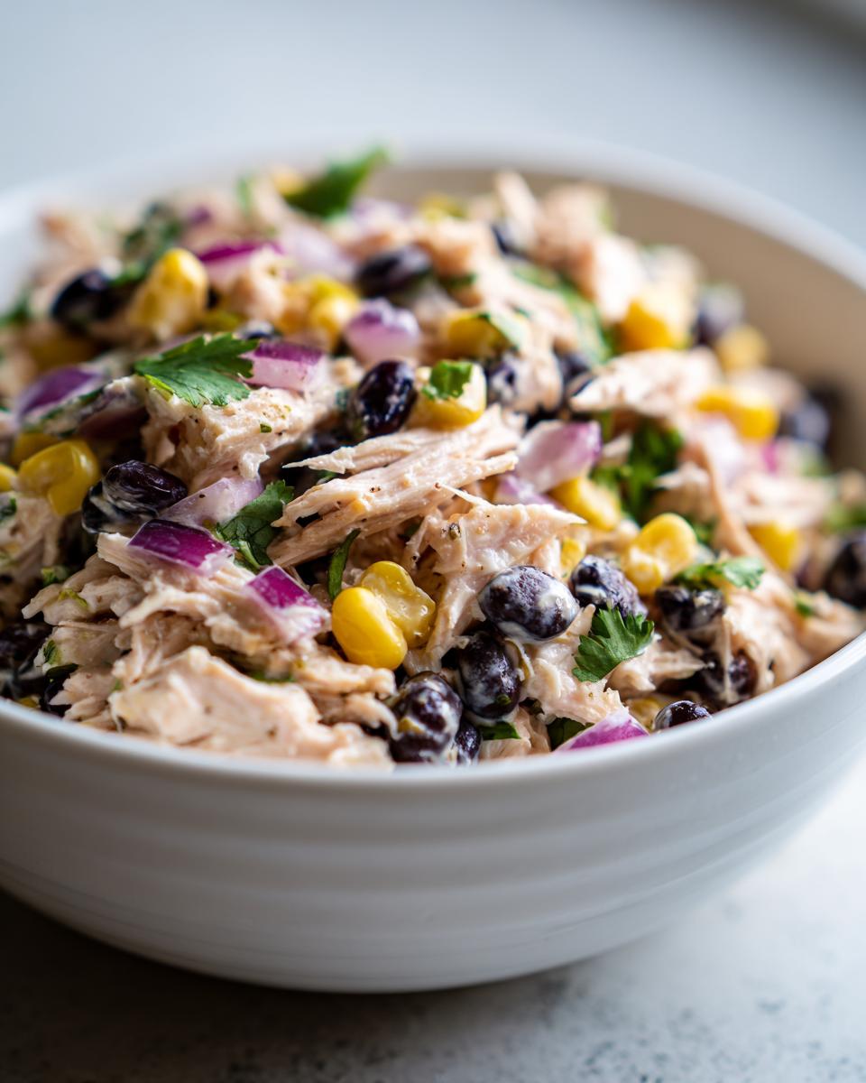 A bowl of High Protein Southwest Chicken Salad with chicken, corn, black beans, red onion, and cilantro.