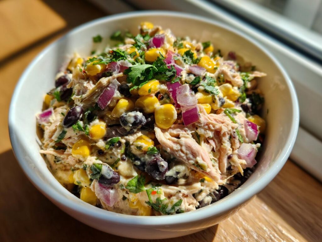 A bowl of High Protein Southwest Chicken Salad with chicken, corn, black beans, red onion, and cilantro.