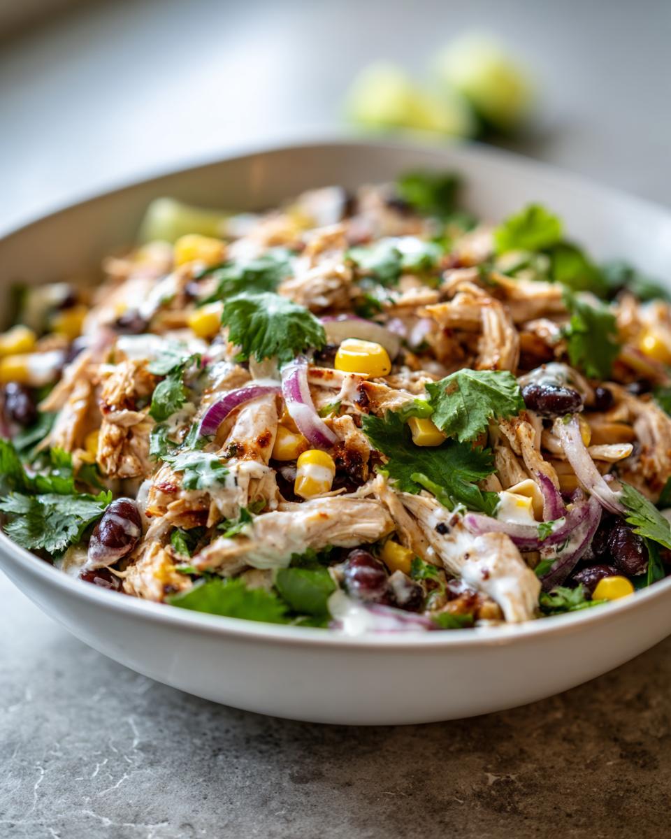 Bowl of High Protein Southwest Chicken Salad with chicken, corn, beans, red onion, cilantro, and dressing.