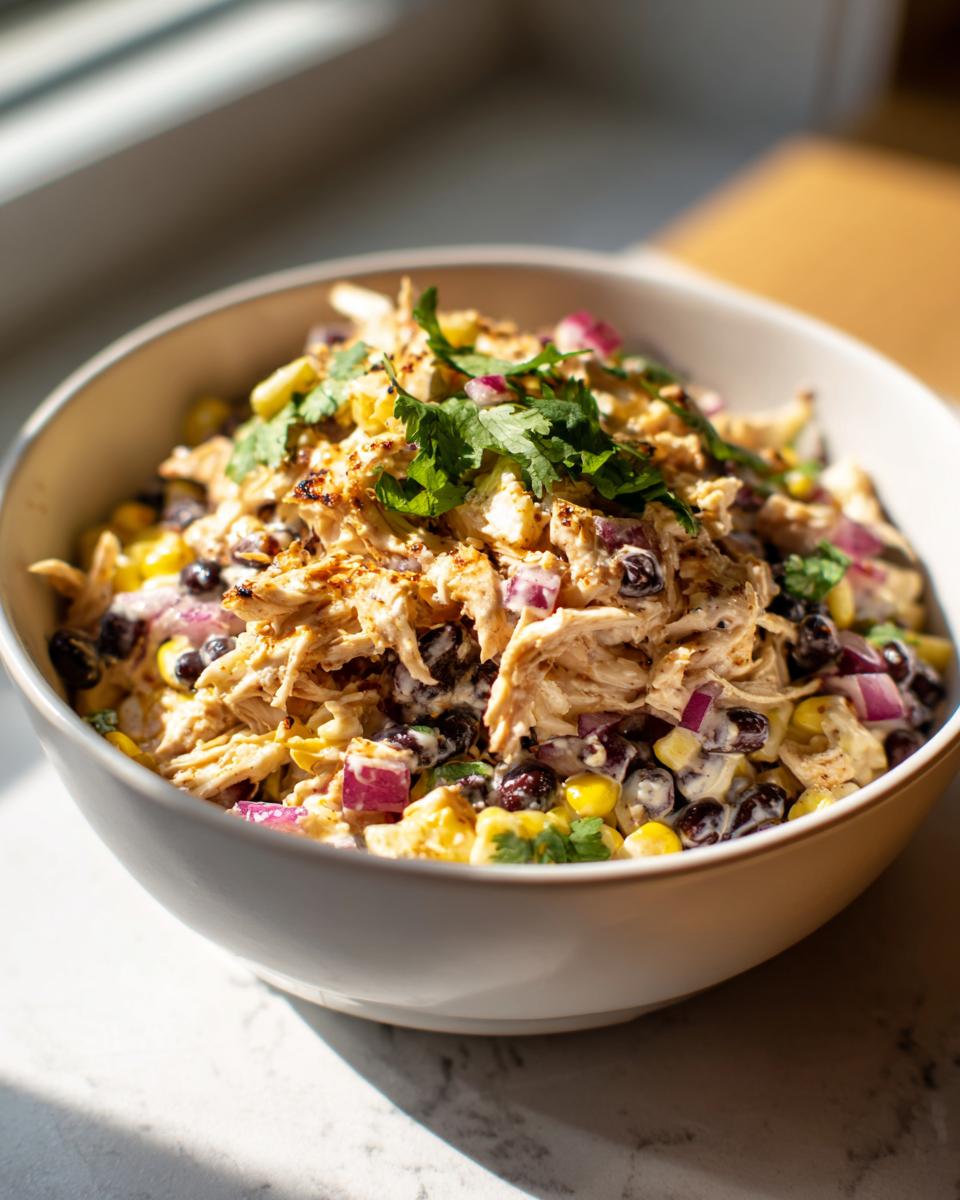 Bowl of High Protein Southwest Chicken Salad with chicken, corn, black beans, red onion, and cilantro.