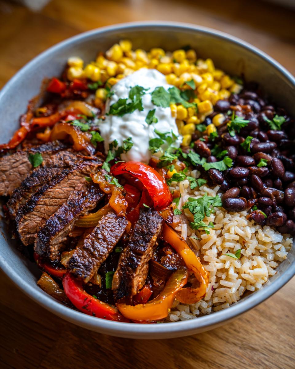 A vibrant High Protein Steak Fajita Bowl filled with steak, rice, beans, corn, peppers, and a dollop of sour cream.