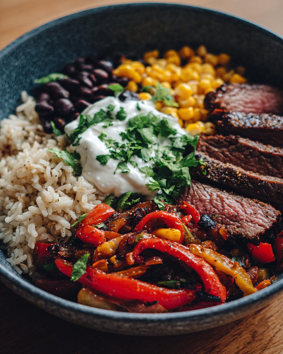 A vibrant High Protein Steak Fajita Bowl with rice, peppers, steak, corn, beans, and a dollop of cream.