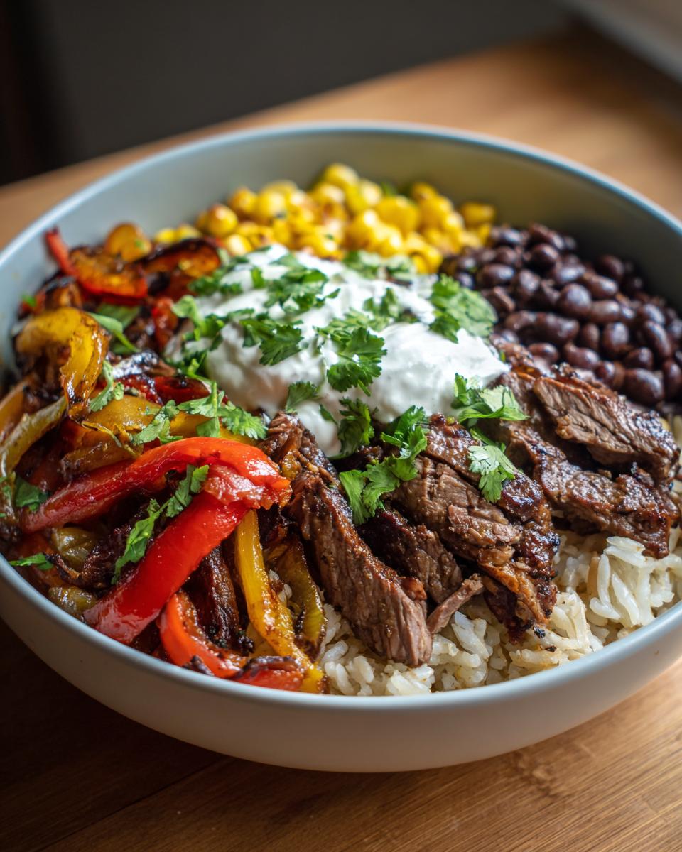 A vibrant High Protein Steak Fajita Bowl filled with rice, steak, peppers, corn, beans, and a creamy sauce.