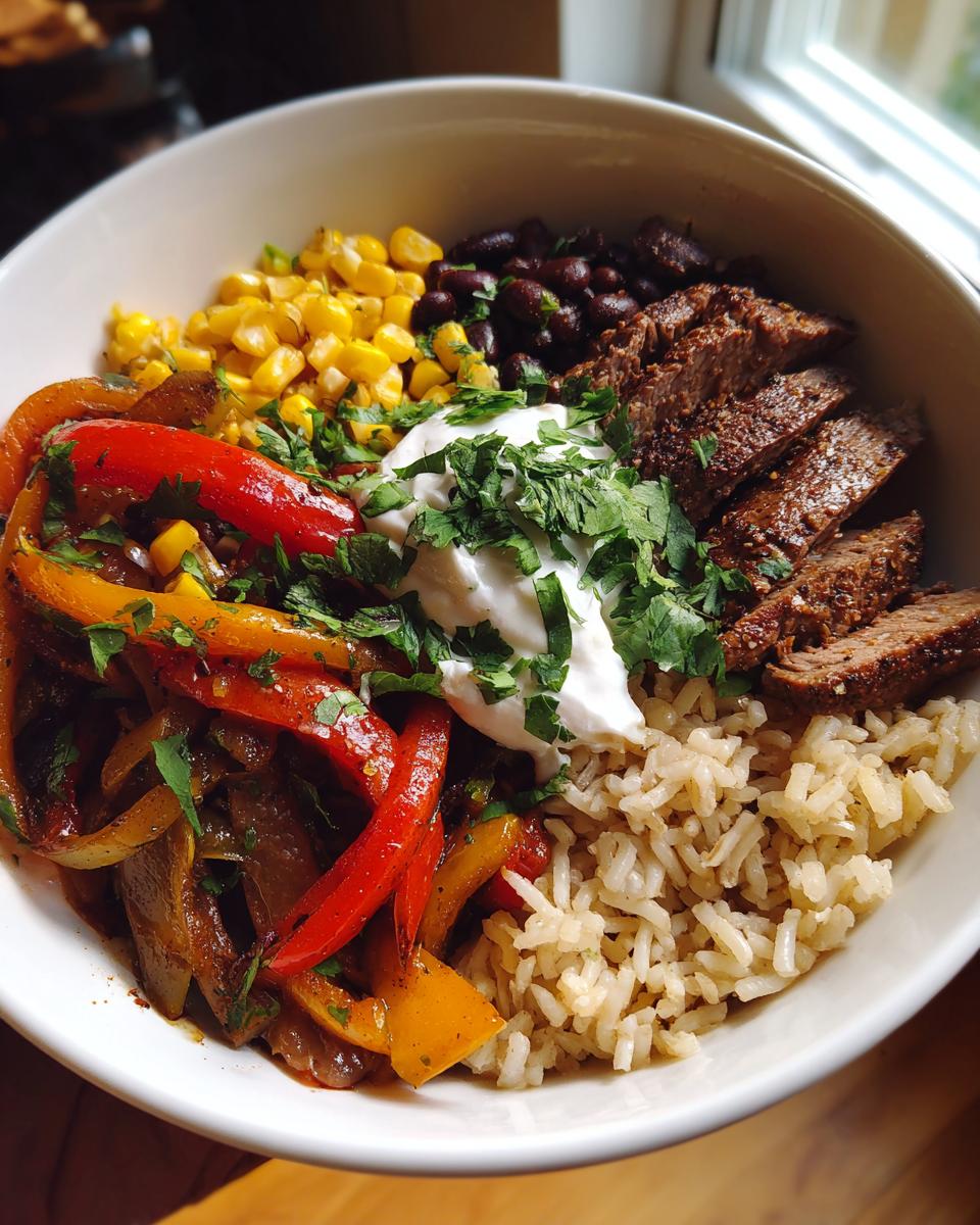 A vibrant High Protein Steak Fajita Bowl with steak, rice, peppers, corn, beans, and a dollop of sour cream.
