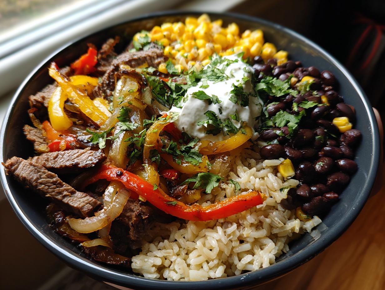 A delicious High Protein Steak Fajita Bowl filled with steak, rice, beans, corn, peppers, onions, and a creamy topping.