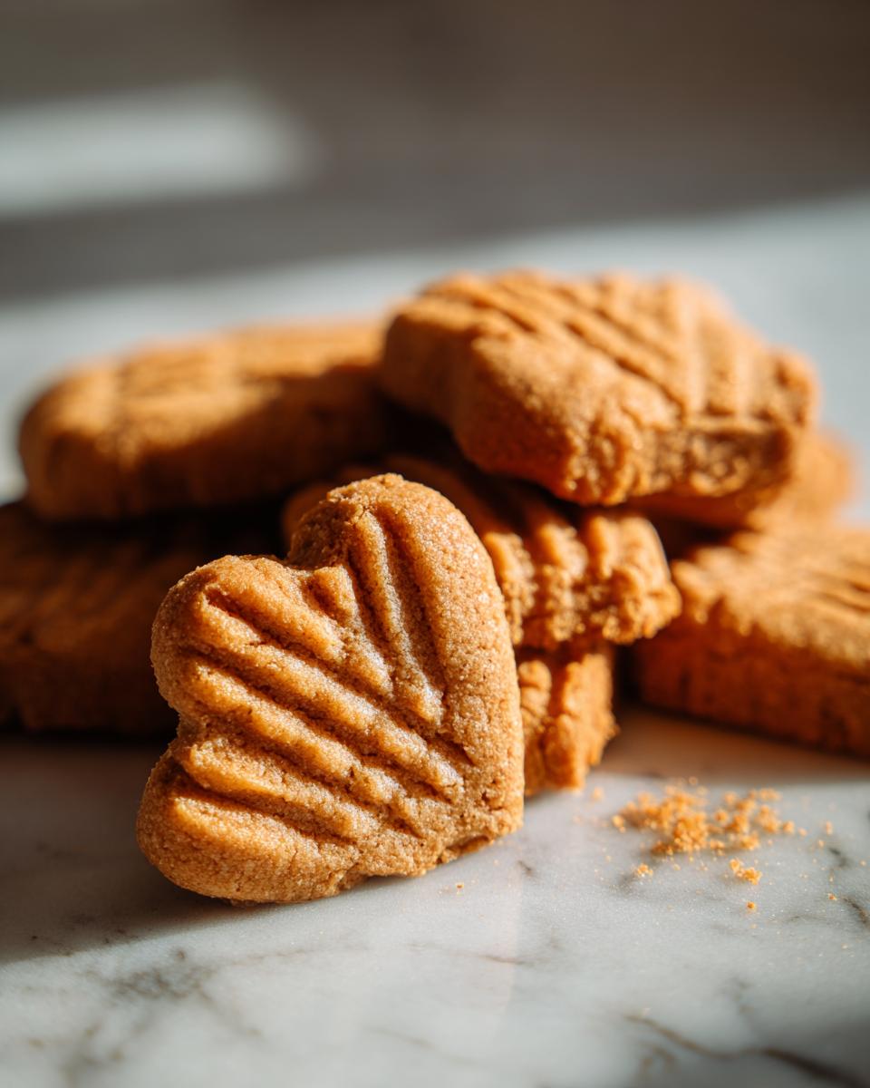 Pile of heart-shaped Homemade Copycat Nutter Butters cookies on a marble surface, with crumbly edges.