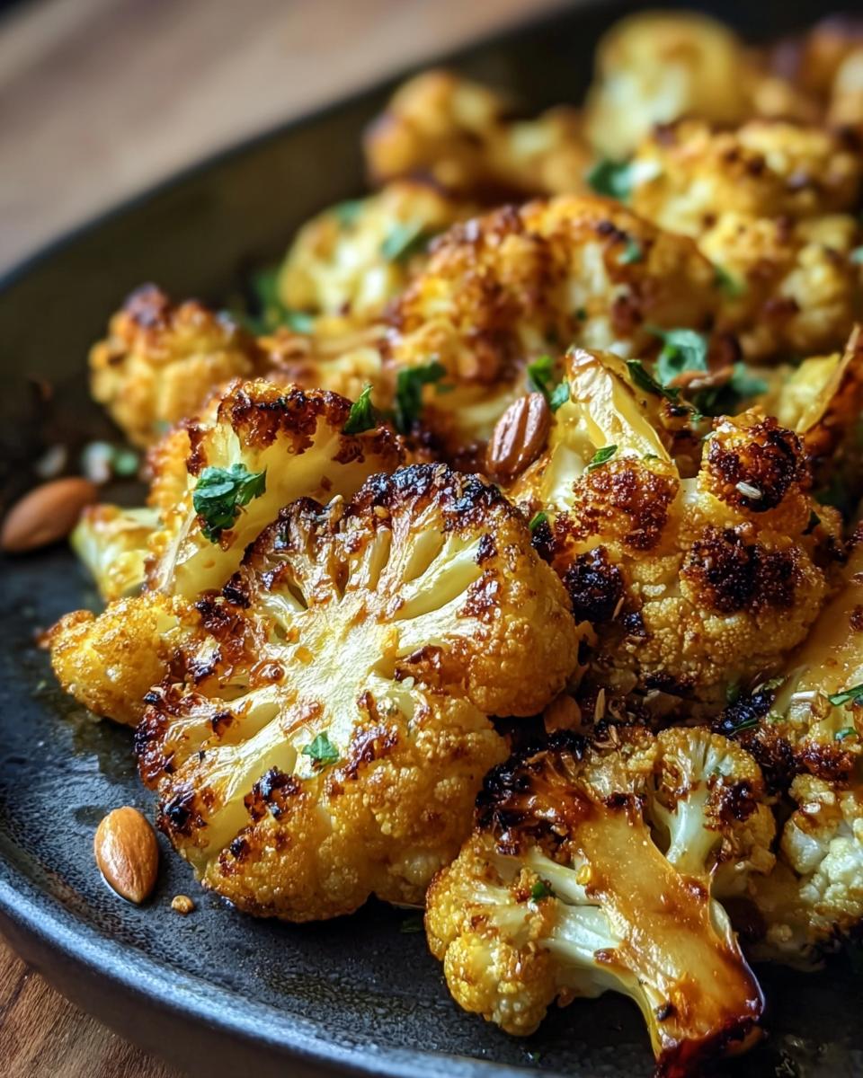 Close-up of Honey Curry Roasted Cauliflower florets on a dark plate, garnished with parsley and almonds.