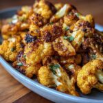Close-up of Honey Curry Roasted Cauliflower on a gray platter, garnished with fresh herbs.