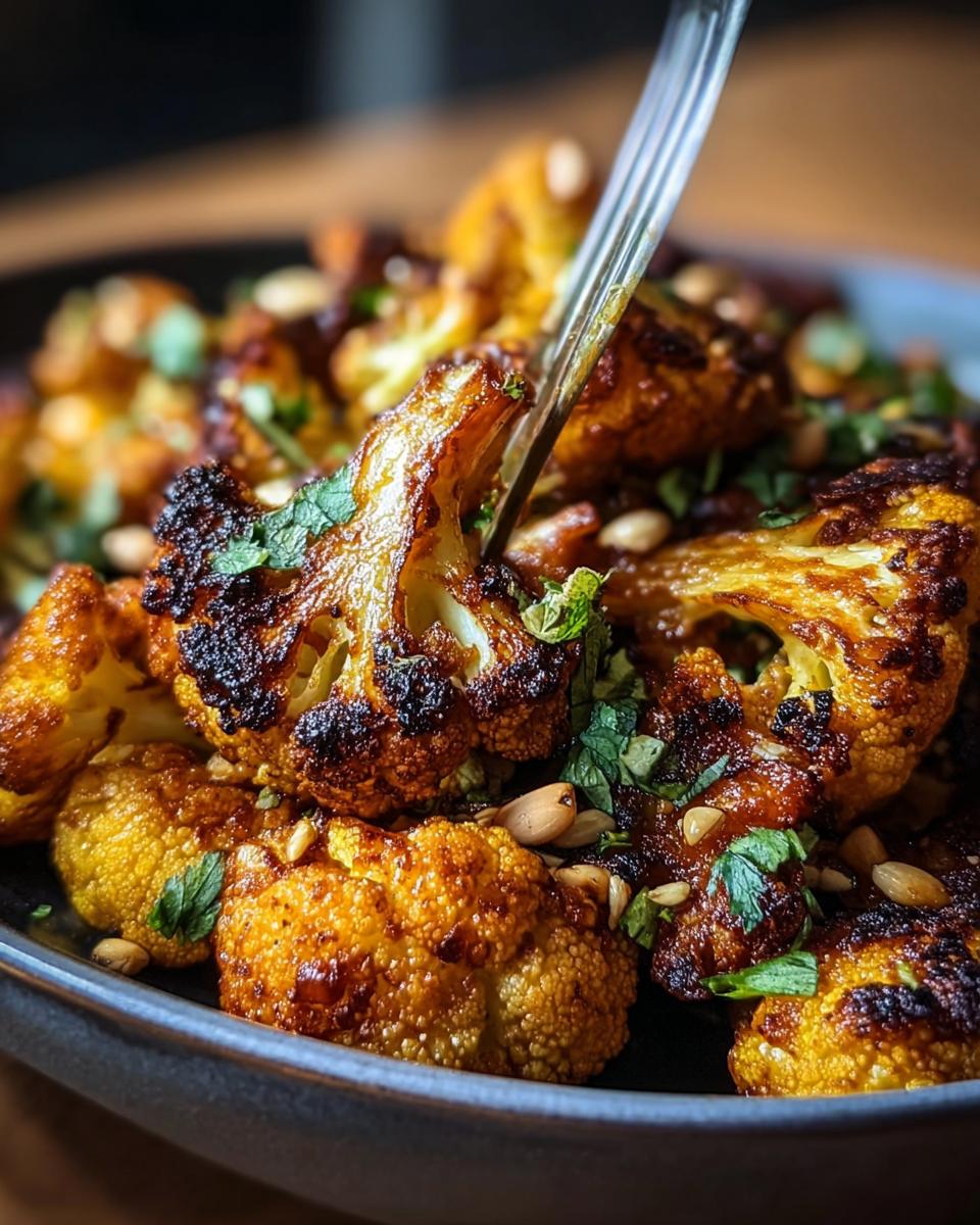 Close-up of Honey Curry Roasted Cauliflower with herbs and nuts on a dark plate, fork picking up a piece.