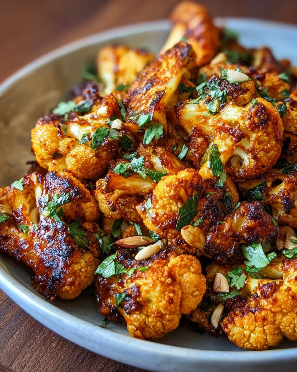 Close-up of Honey Curry Roasted Cauliflower in a bowl, garnished with fresh herbs and almonds.