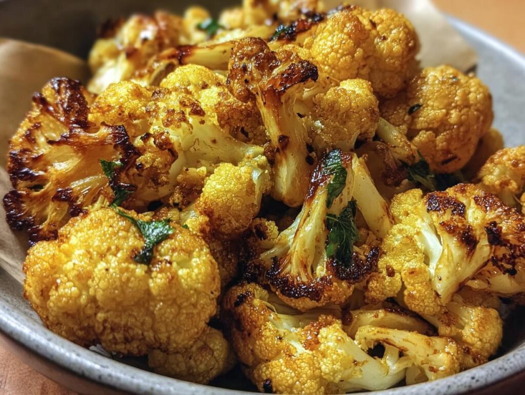 Close-up of Honey Curry Roasted Cauliflower florets in a bowl, showing golden-brown color and herbs.