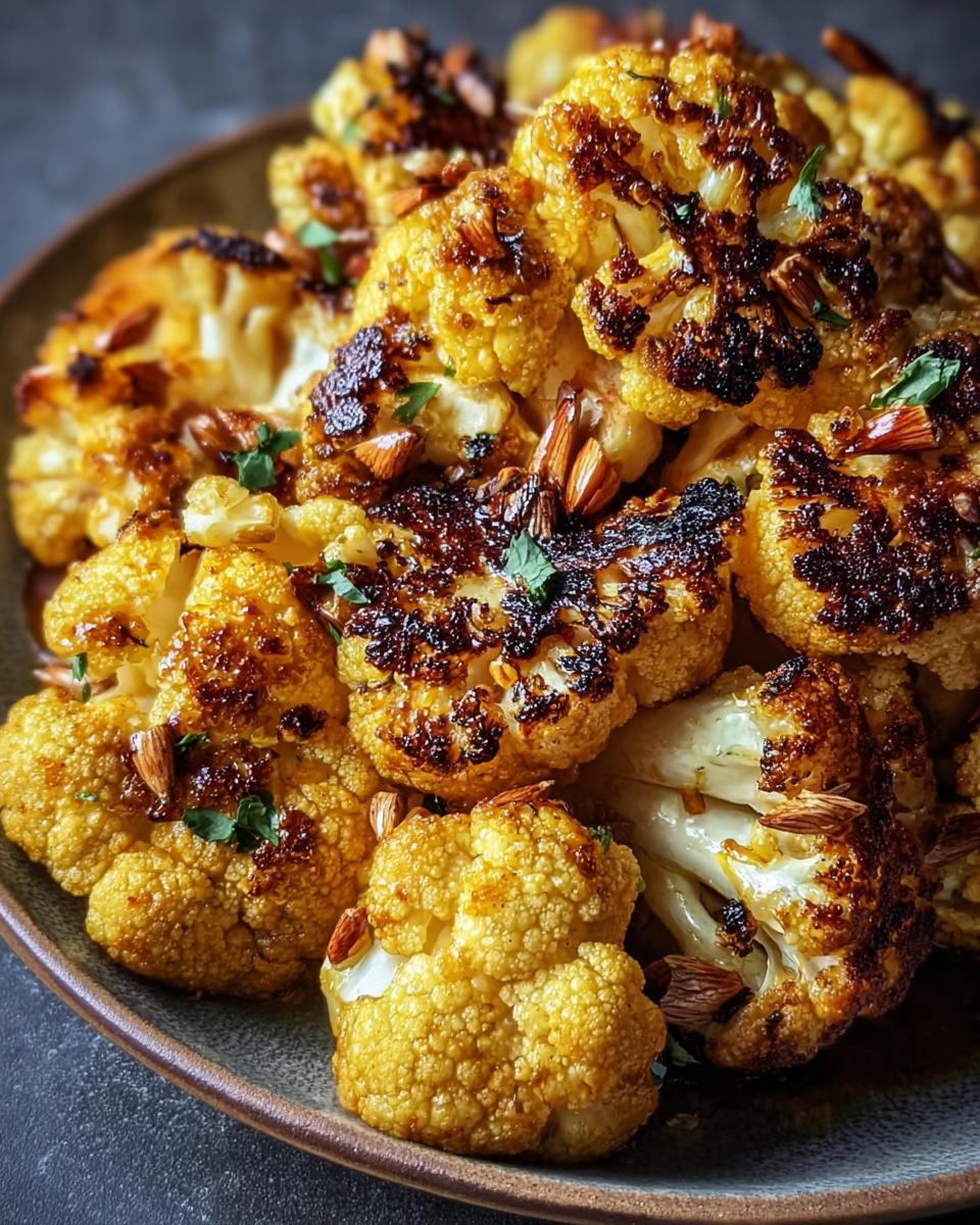 A platter of Honey Curry Roasted Cauliflower, garnished with almonds and parsley.