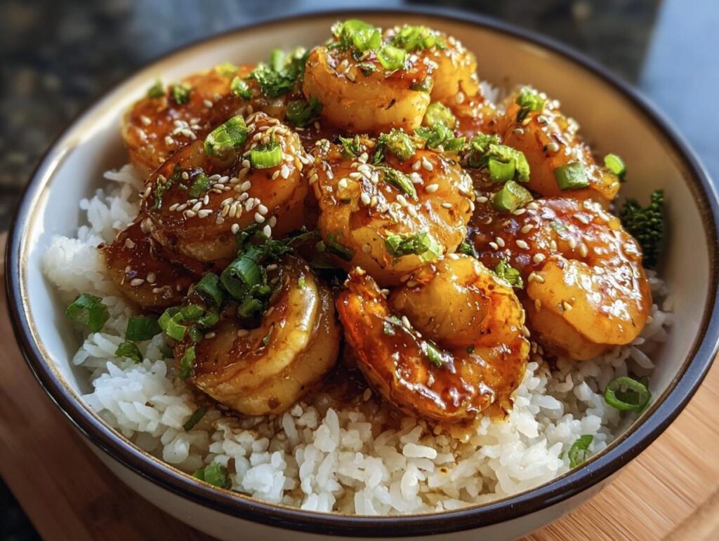 A delicious Honey Garlic Shrimp Bowls served over white rice, garnished with sesame seeds and green onions.