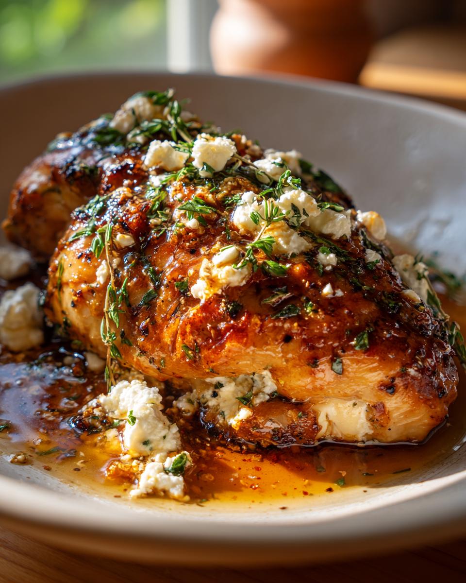 Two pieces of Hot Honey Feta Chicken on a plate, drizzled with sauce and garnished with feta and herbs.
