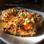 Two juicy Hot Honey Feta Chicken breasts on a white plate, glistening with honey and sprinkled with feta and herbs.