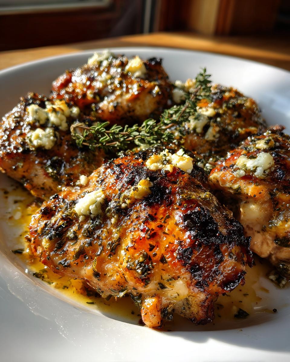 A plate of delicious Hot Honey Feta Chicken, garnished with fresh thyme.