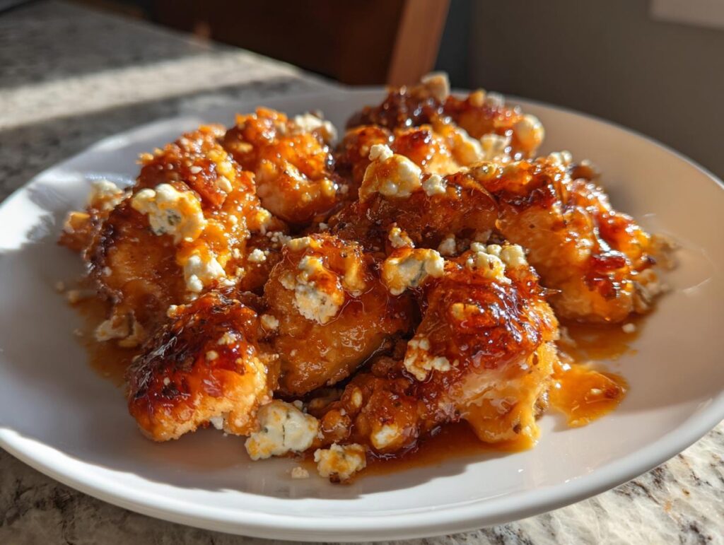 A plate of golden Hot Honey Feta Chicken pieces, glistening with sauce and topped with crumbled feta cheese.