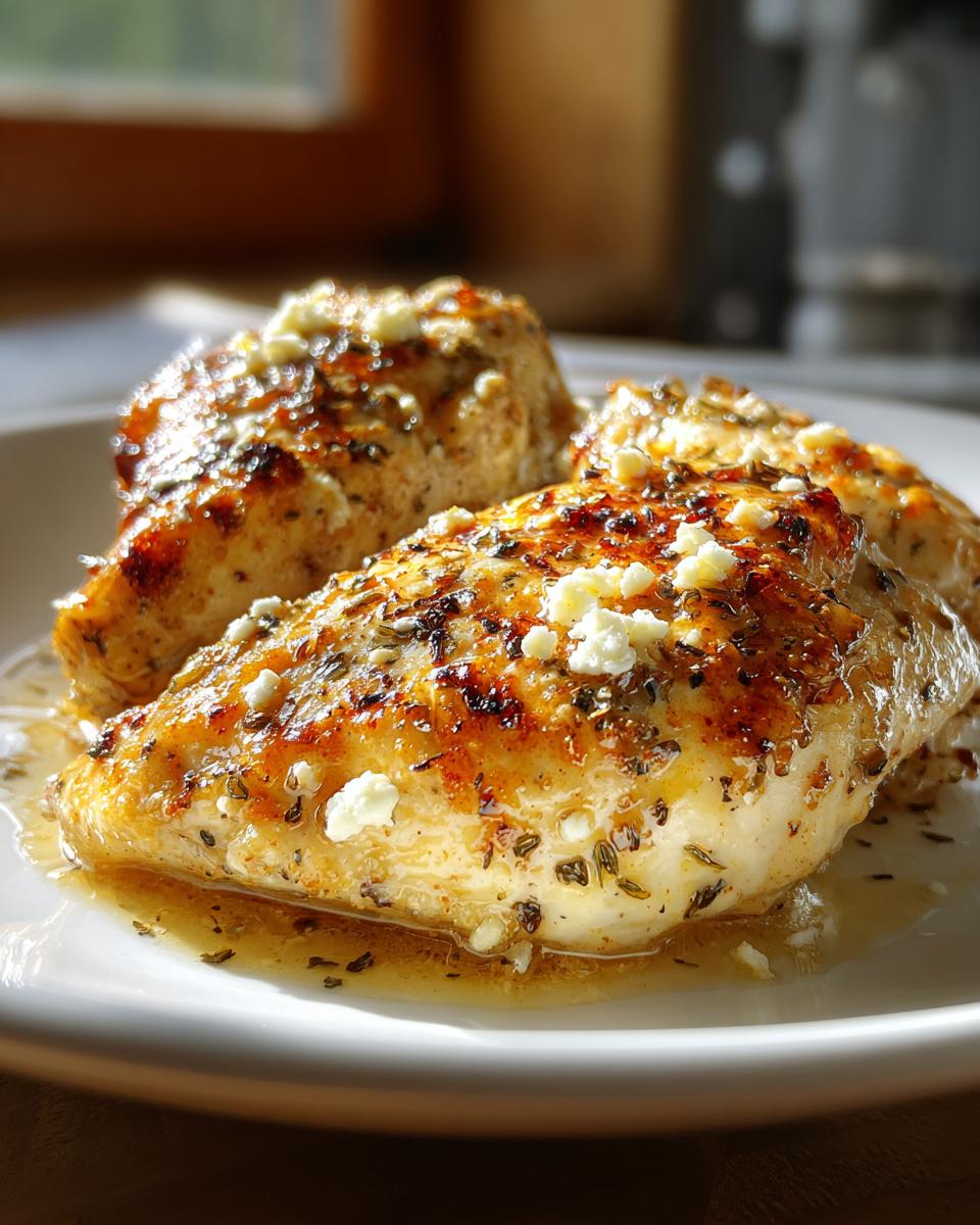 Three pieces of Hot Honey Feta Chicken plated and ready to serve, drizzled with sauce and topped with feta.