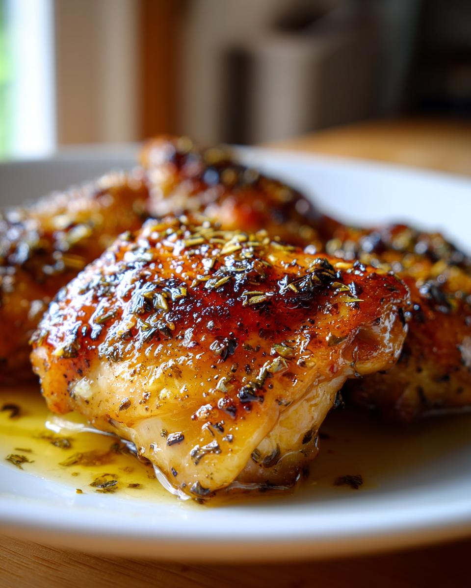 Close-up of glazed Hot Honey Feta Chicken thighs on a white plate, garnished with herbs.