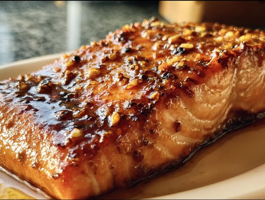 Close-up of a glazed Hot Honey Salmon fillet on a plate, showing the flaky texture and honey topping.