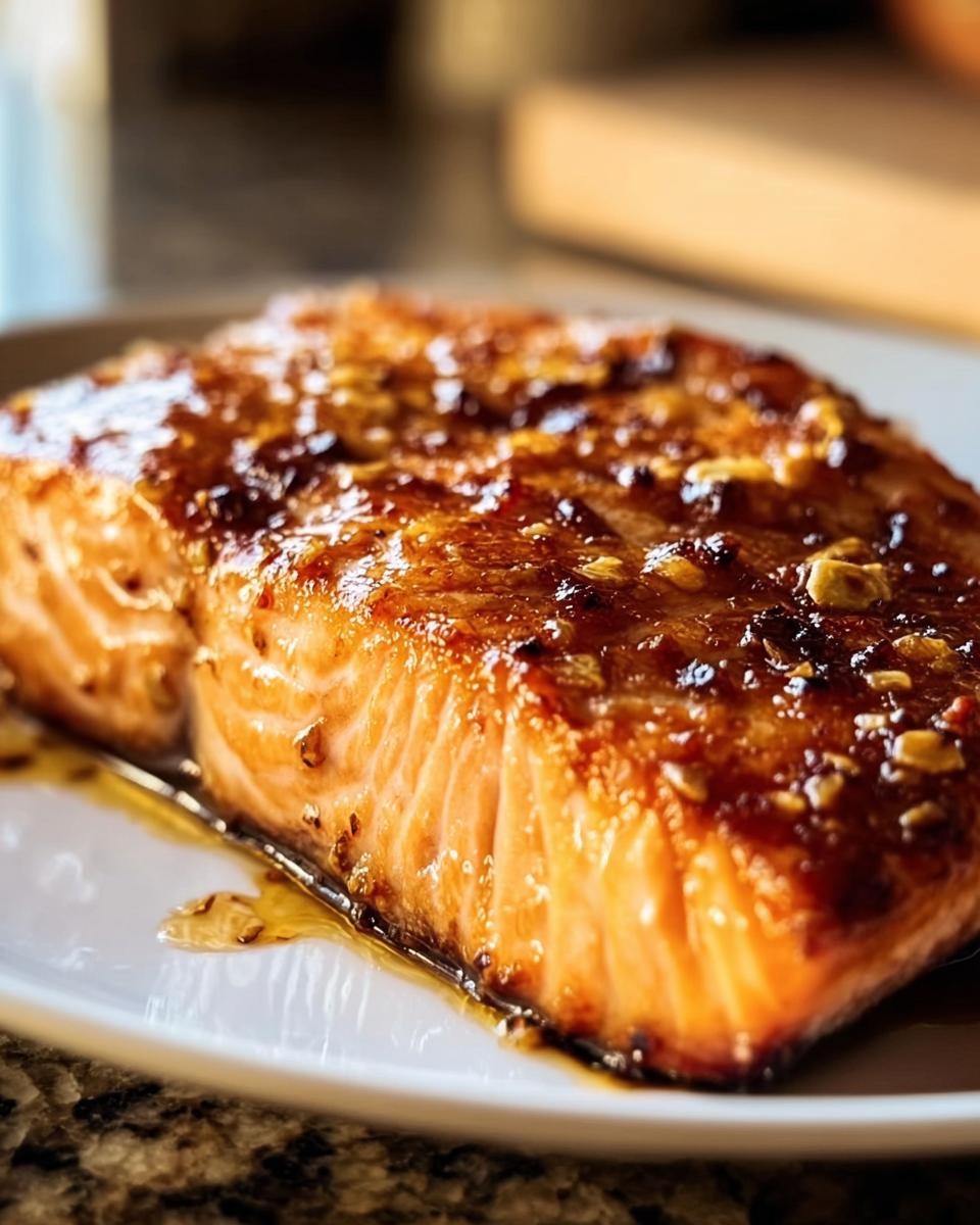 Close-up of a perfectly cooked Hot Honey Salmon fillet on a white plate, glistening with the honey glaze.