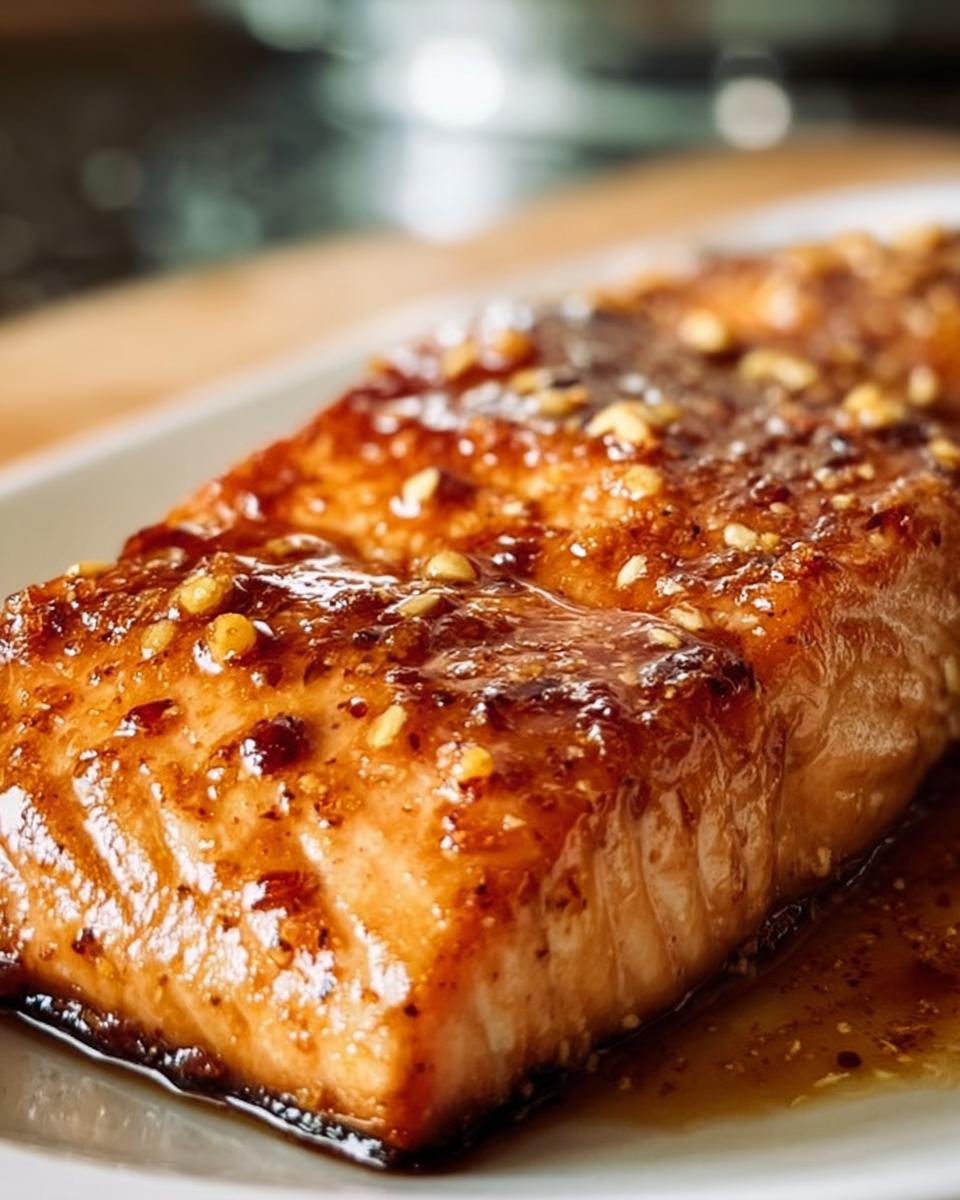 Close-up of a glazed Hot Honey Salmon fillet on a white plate, showing the glistening sauce and flaky texture.
