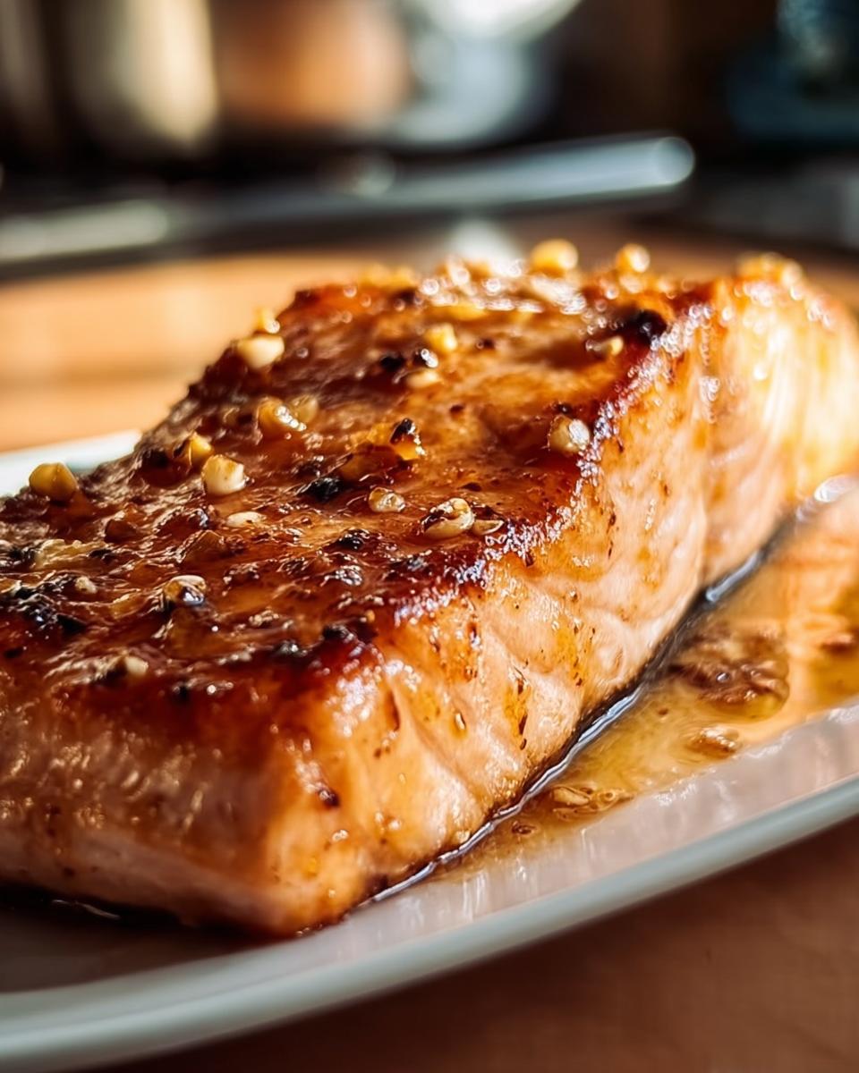 Close-up of a glazed Hot Honey Salmon fillet on a white plate, ready to eat.