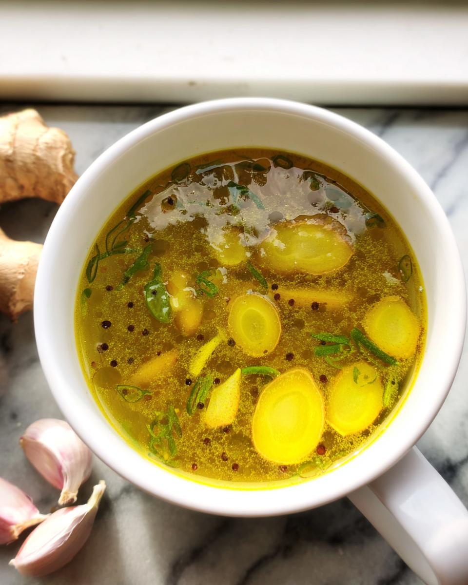 Overhead shot of a white bowl filled with Immune Boosting Broth, featuring ginger, garlic, and sliced yellow vegetables.