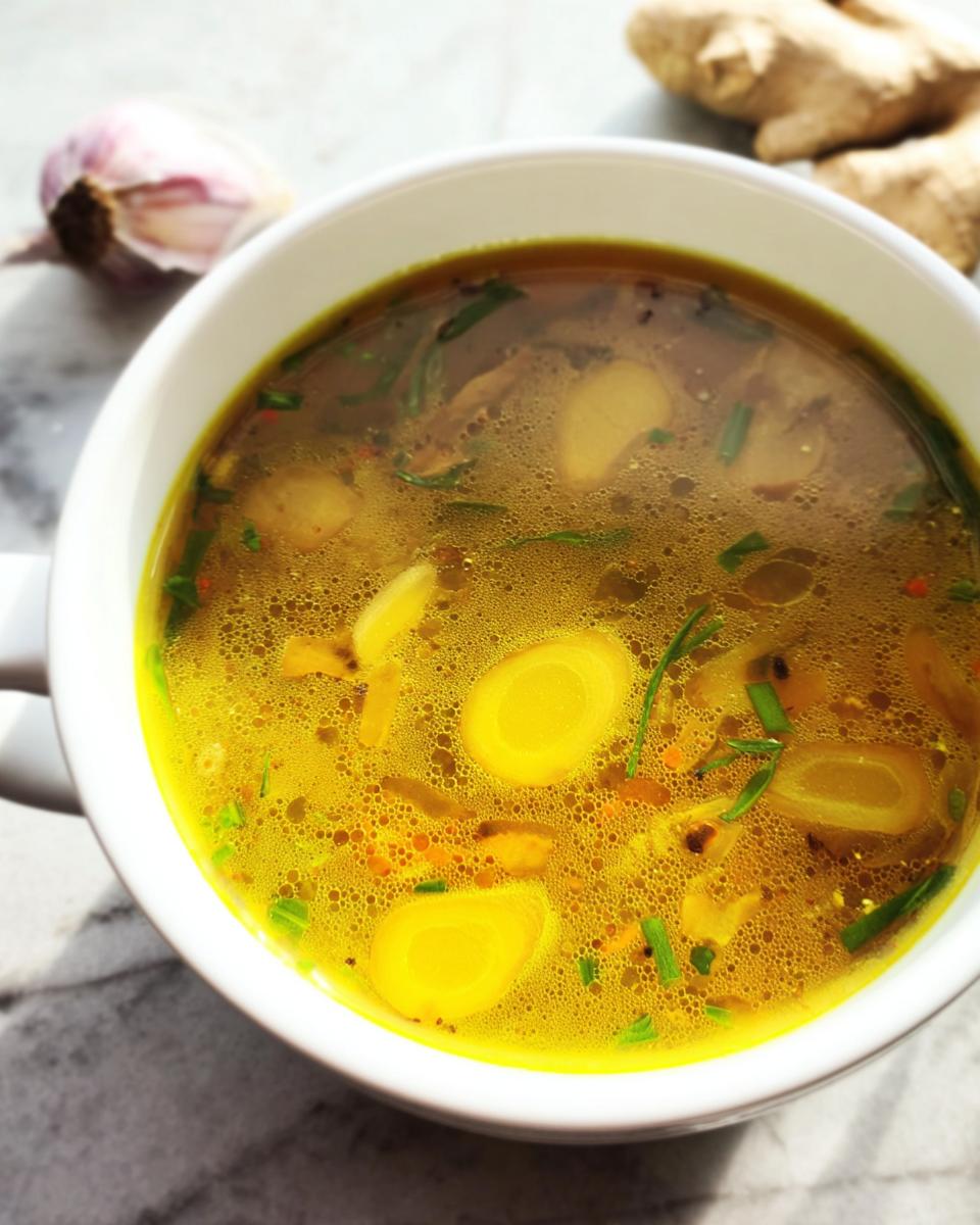 Close-up of a bowl of Immune Boosting Broth with visible ginger, garlic, and herbs.