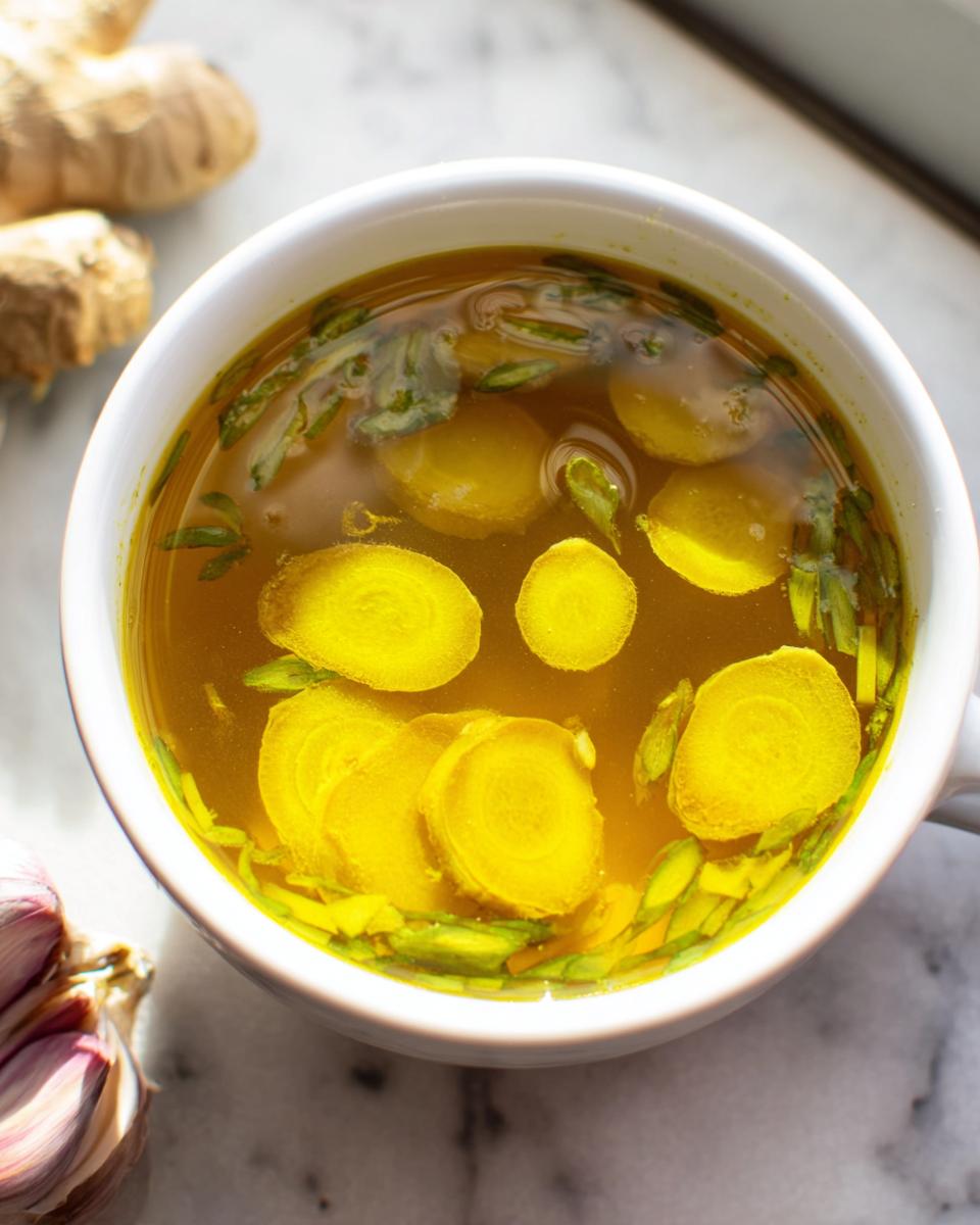 Overhead shot of Immune Boosting Broth in a white mug with ginger, turmeric, and garlic.
