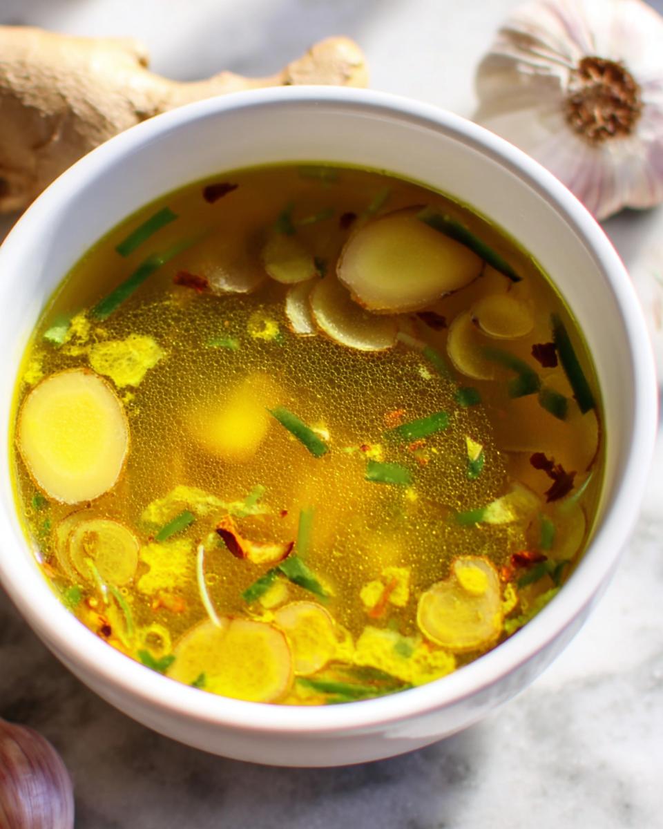 Close-up of a bowl of Immune Boosting Broth featuring ginger slices, garlic, and green onions.