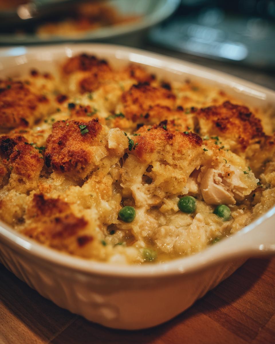 Close-up of Ina Garten's Chicken Casserole Recipe in a white baking dish, showing the chicken, peas, and golden topping.