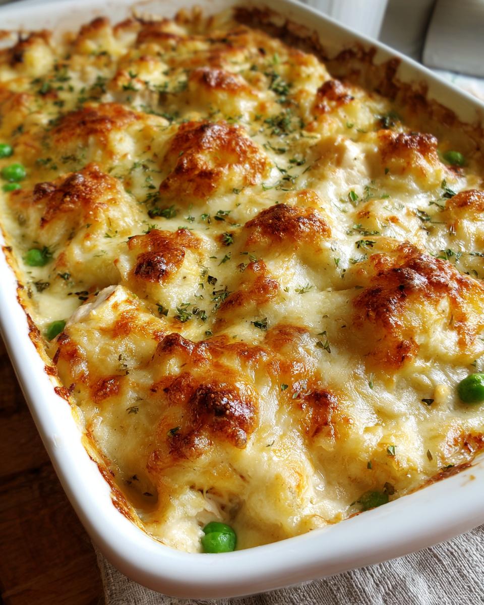Close-up of Ina Garten's Chicken Casserole, baked in a white dish with a golden, cheesy topping and peas.