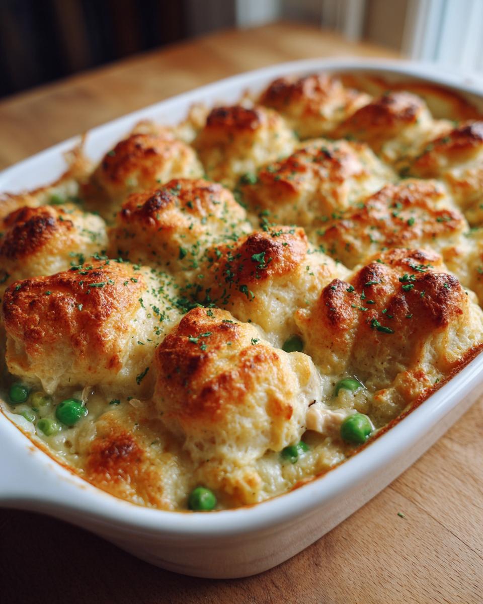 Close-up of Ina Garten's Chicken Casserole, featuring golden biscuit topping, creamy filling, and peas.