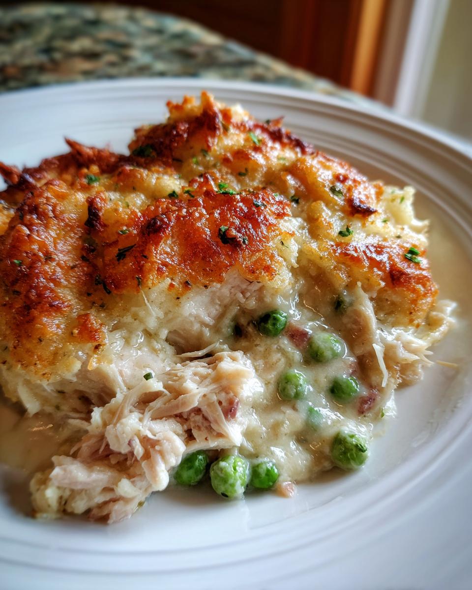A slice of Ina Garten's Chicken Casserole with a golden crust, chicken, peas, and creamy sauce.