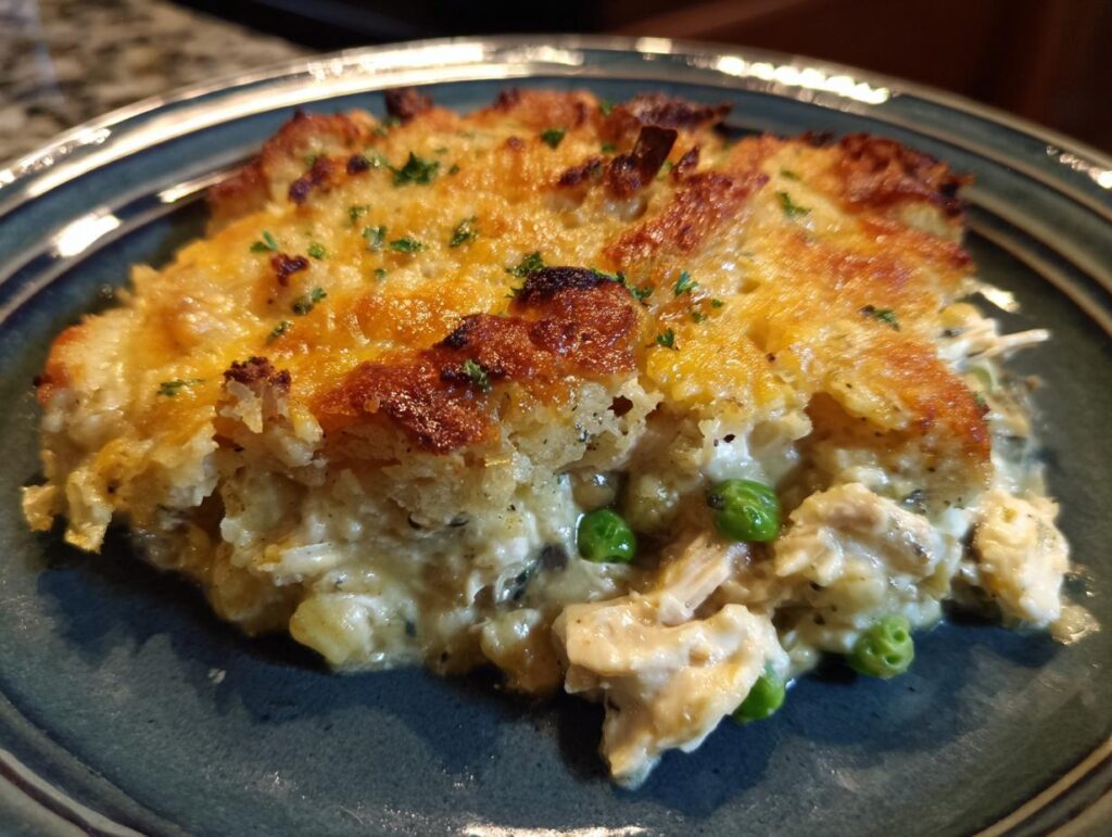A slice of Ina Garten's Chicken Casserole, featuring a golden crust, chicken, and peas.