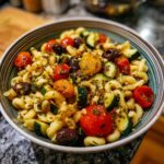 A vibrant bowl of Italian Pasta Salad featuring spiral pasta, tomatoes, zucchini, and olives.