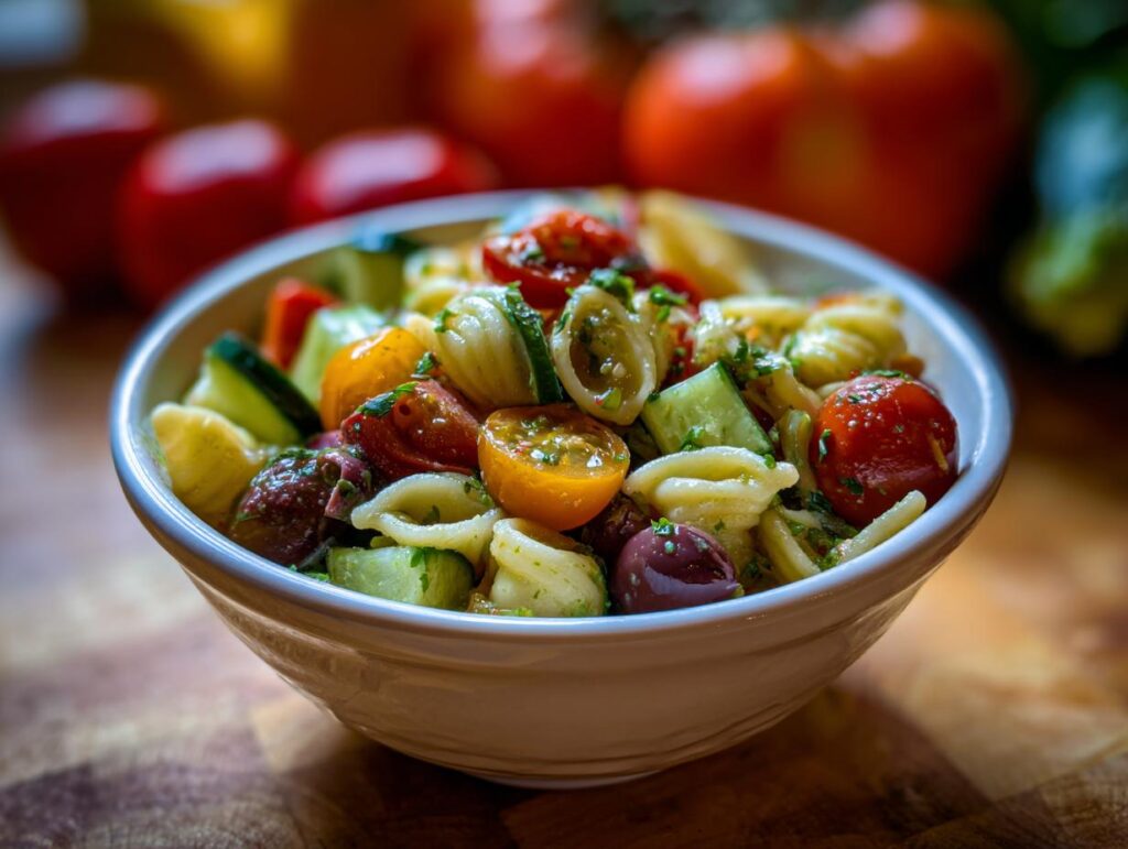 Close-up of a bowl filled with vibrant Italian Pasta Salad, featuring pasta, tomatoes, cucumbers, and olives.