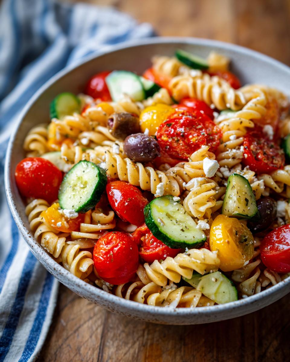 Close-up of Italian Pasta Salad in a bowl, featuring pasta, tomatoes, cucumbers, olives, and feta cheese.