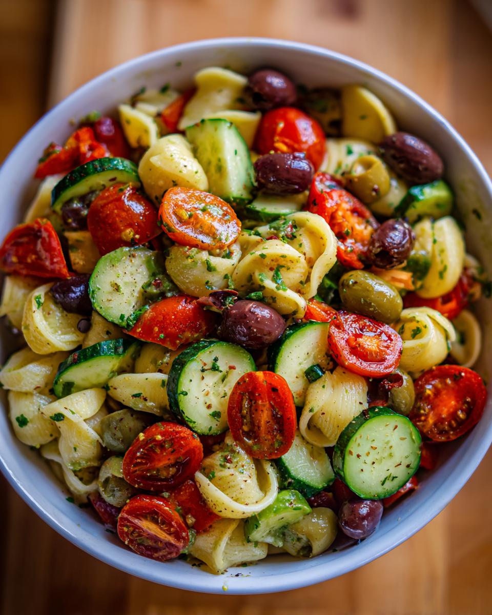 Overhead shot of a colorful Italian Pasta Salad in a white bowl, featuring pasta, tomatoes, zucchini, and olives.