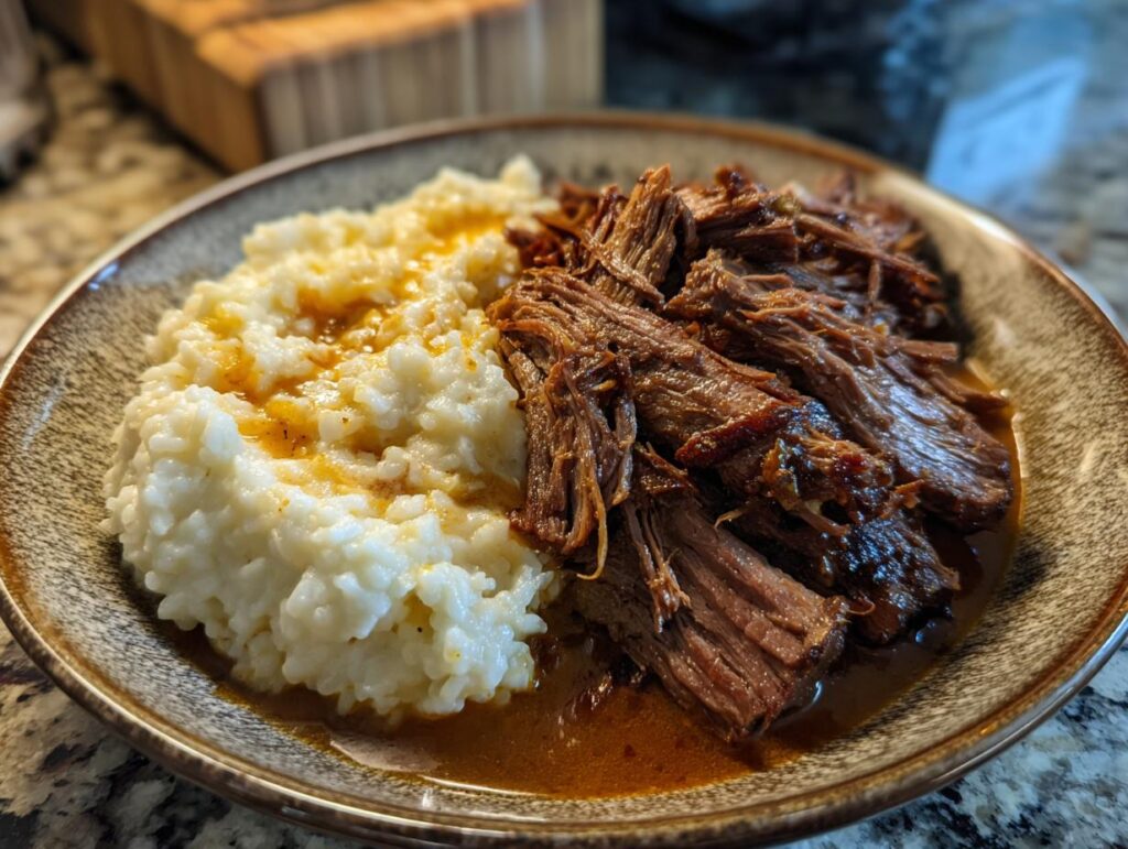 A plate of tender Italian Pot Roast served alongside creamy Parmesan Risotto.